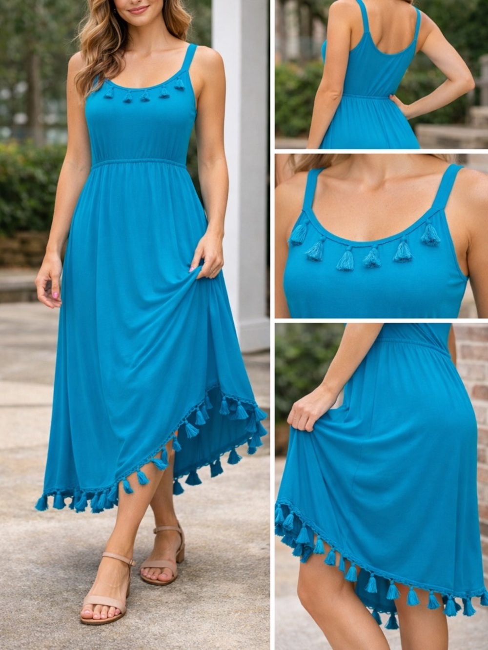 Turquoise Tassel-Trim Women's Hi- Low Dress